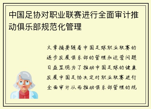 中国足协对职业联赛进行全面审计推动俱乐部规范化管理