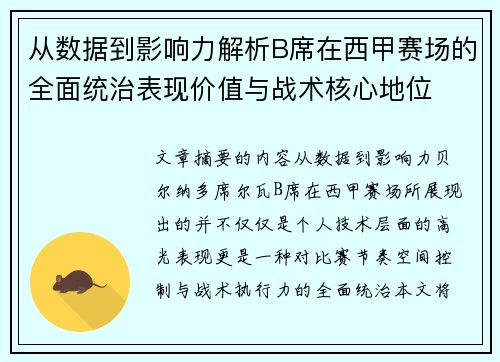 从数据到影响力解析B席在西甲赛场的全面统治表现价值与战术核心地位